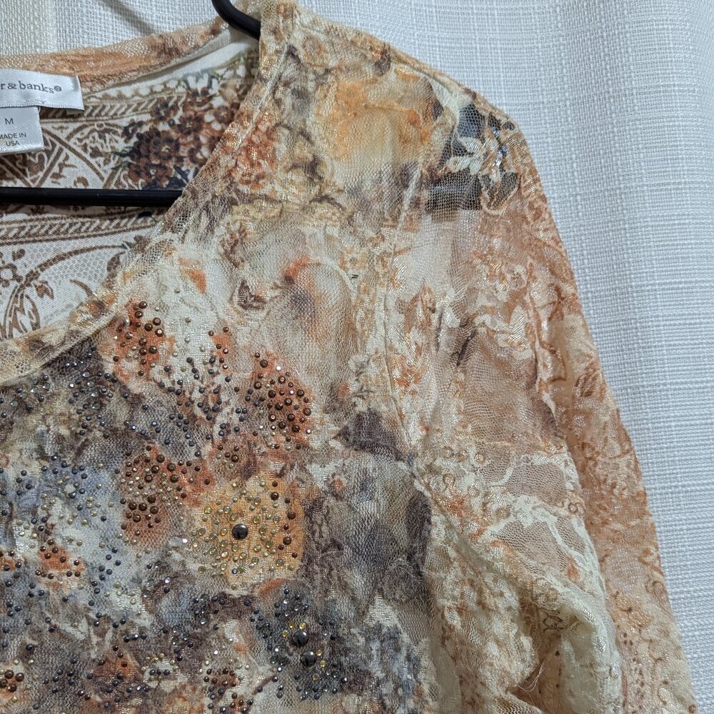 4/$20 Christopher & Banks Women's Floral Lace Blouse Size M Tan Brown whimsigoth - Picture 3 of 8